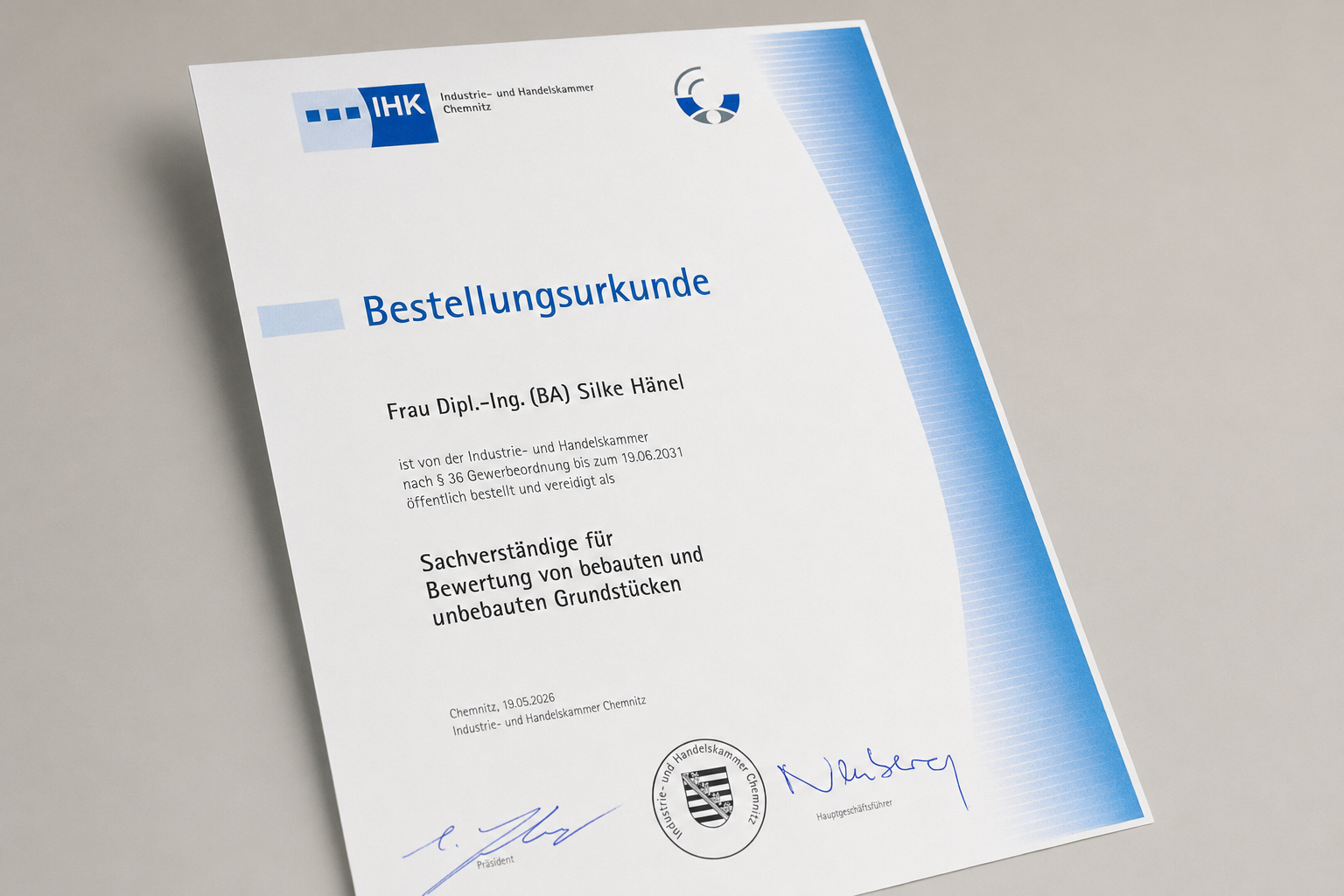 IHK Sachverständige Chemnitz – Bestellungsurkunde 2026 Silke Hänel